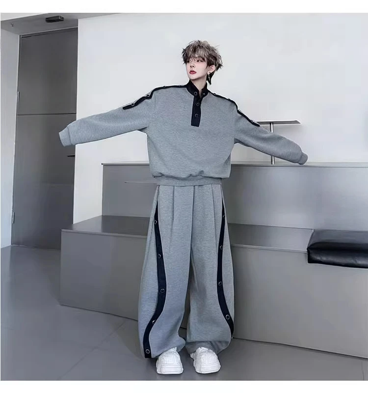 2025 Autumn New Trendy 2pcs Male Stand Collar Splicing Long Sleeve Denim Sweatshirt Sets Men High-end Wide-leg Curved Pants Sets