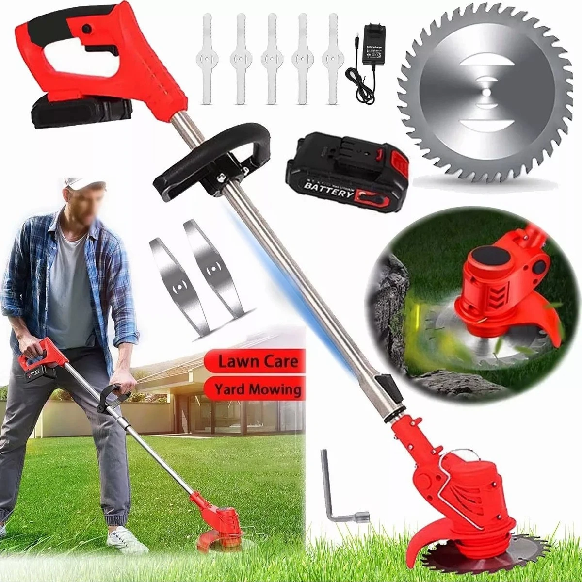 Tondeuse à gazon sans fil 650W, coupe-herbe portable rechargeable, 3 lames remplaçables, coupe haute performance, légère pour une utilisation en extérieur dans le jardin