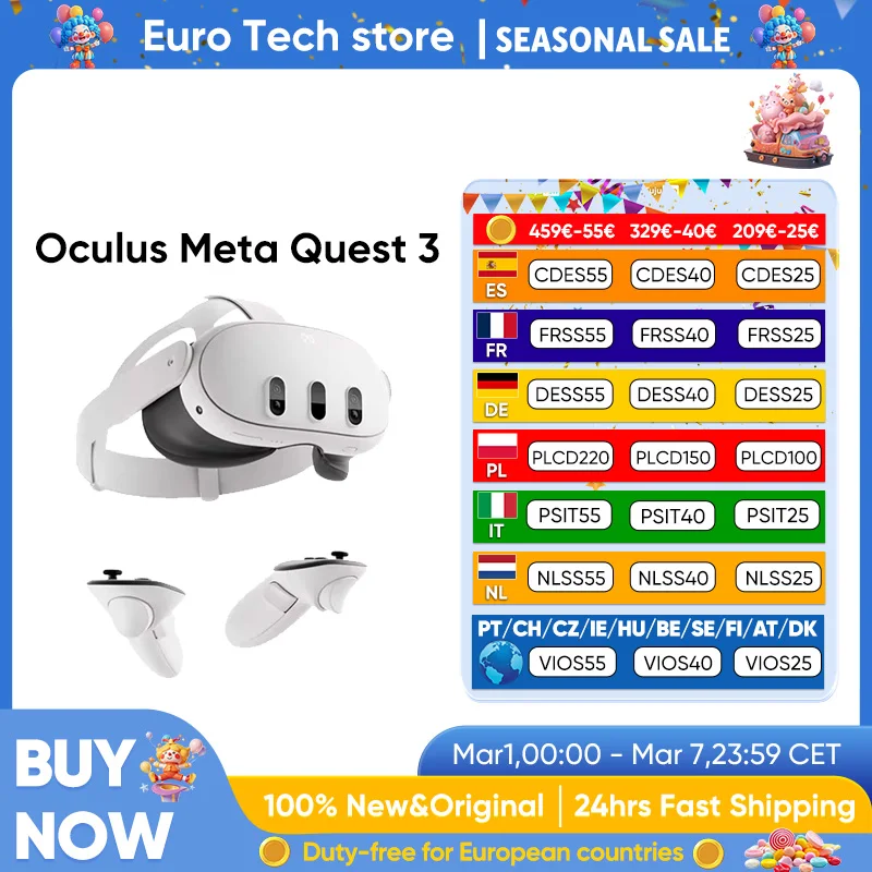 Nuevo Oculus Meta Quest 3 8GB+512GB Alta Definición 2064x2208 píxeles 4K+Pantalla Infinita 2.2 Horas de Duración de Batería con 5060 mAh