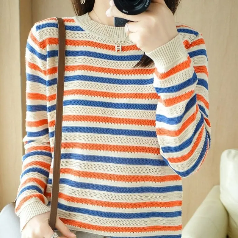 Vintage Loose-fitting Pullovers 2022 Korean New Popularity Spring Autumn O-Neck Striped All-match Leisure Women\'s Clothing Trend