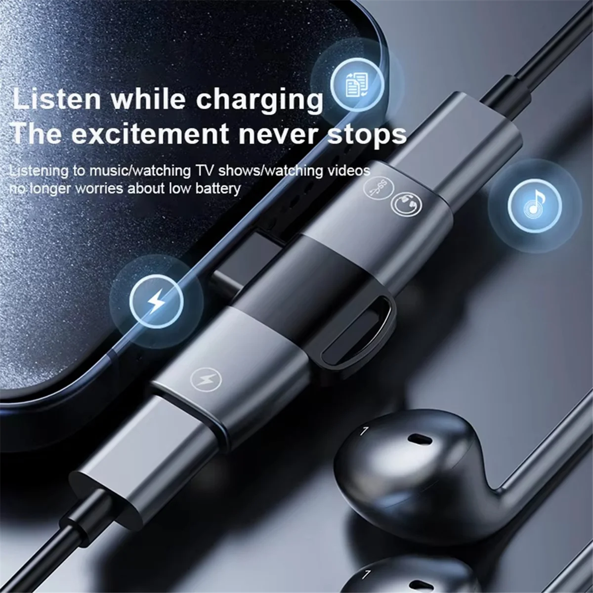 POP-lOTG 2 in 1 dubbele USB Type C splitter naar Type C Jack AUX audio hoofdtelefoon 15W opladeradapter voor IPhone 15 Pro Samsung