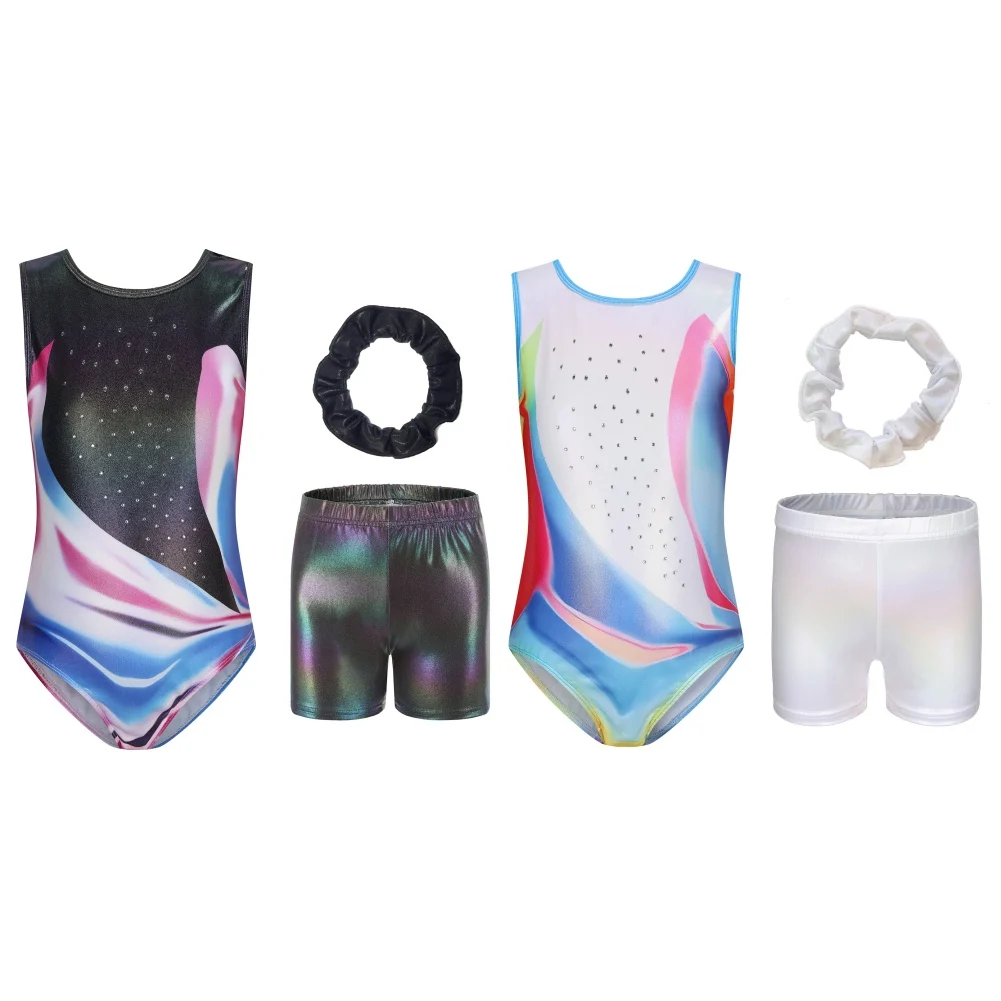 

Girl Gymnastics Leotards Kids Ballet Dance Bodysuit Sparkly Tumbling Sleeveless Elastic Slim Jumpsuit With Shorts Hairband