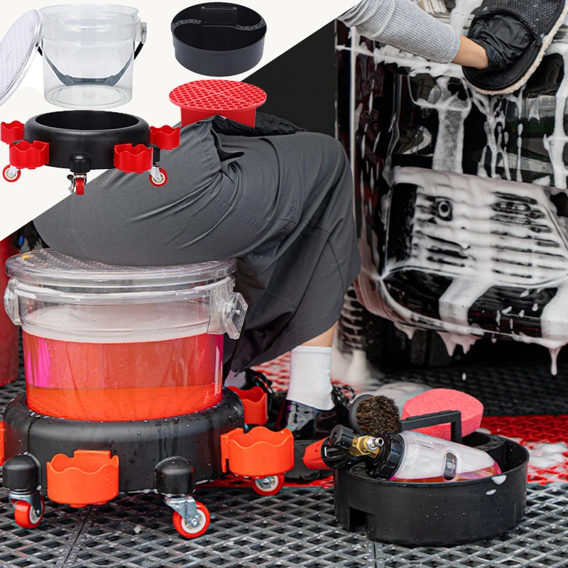 Transparent Removable Rolling Bucket Dolly 360° Turning Swivel Caster Detail Kit with Storage Tray Tote Bucket Insert Grit Trap