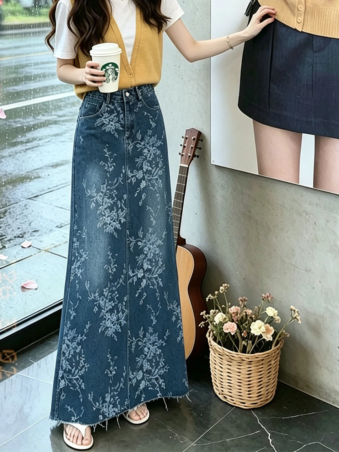 

Summer High Waist A-Line Skirt Korean Style Embroidered Floral Denim Skirts for Women Trendy Girls Streetwear Long Skirts
