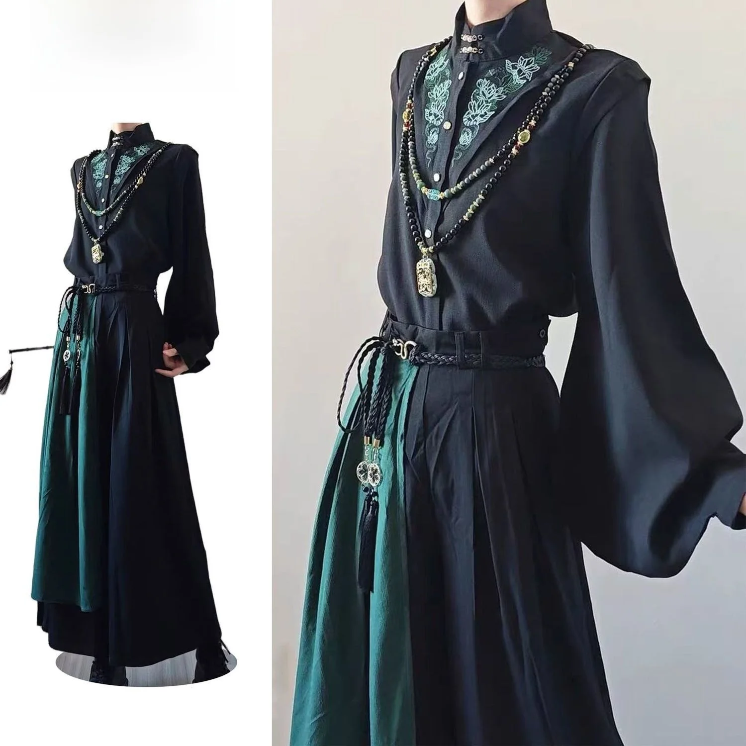 

Men's Black Embroidered Shirt Long Sleeve Stand Collar Large Sleeve Button Detail Traditional Chinese Style Two Piece Set