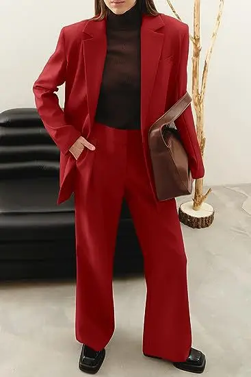 

Pants Sets Two Piece Women Cardigan Blazer Button Lapel Full Sleeve Jacket Straight Pants Solid Elegant Suit Office Lady