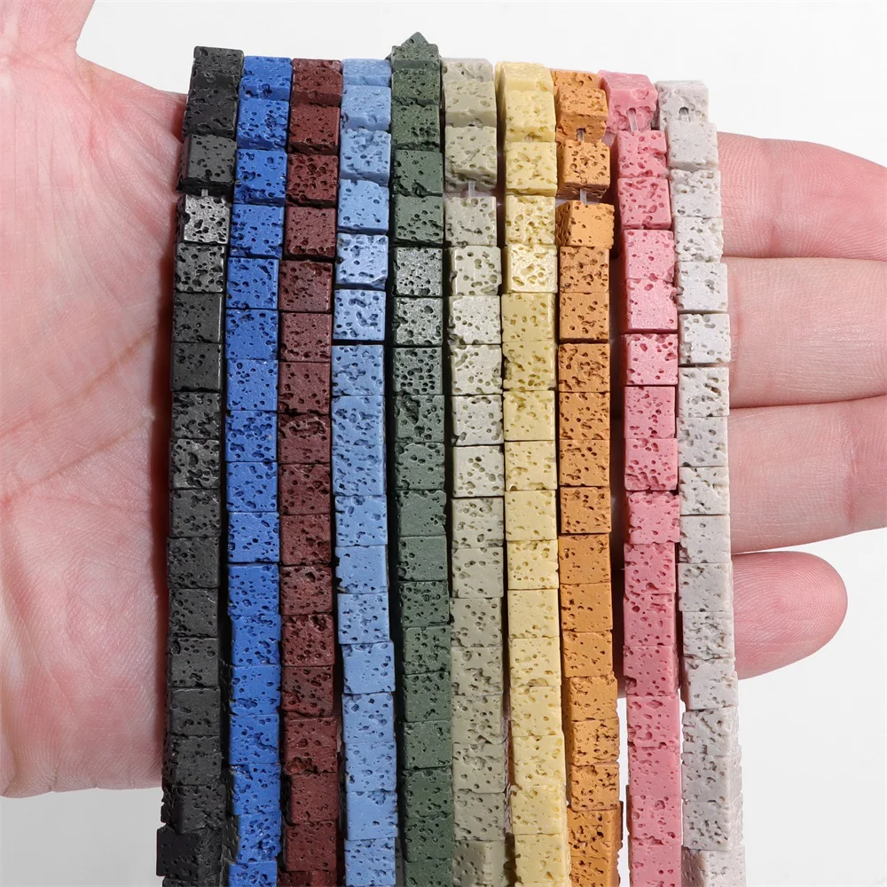 Natural Square Volcanic Lava Bead 4/6mm Dyed Muticolor Lava Stone Beads For Jewelry Making DIY Necklace Bracelet Bulk 15\