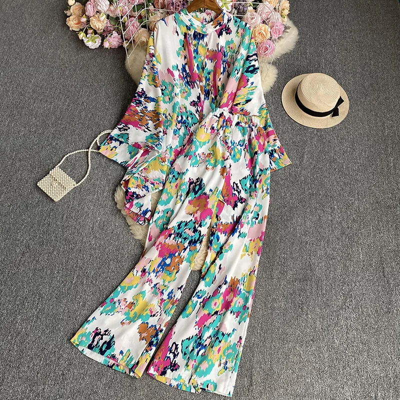 Fashion Loungewear Women Floral Trousers Pajamas Suit Boho Elegant Maxi Shirts Blouses Wide-Leg Pantsuit Female Party Two Pieces