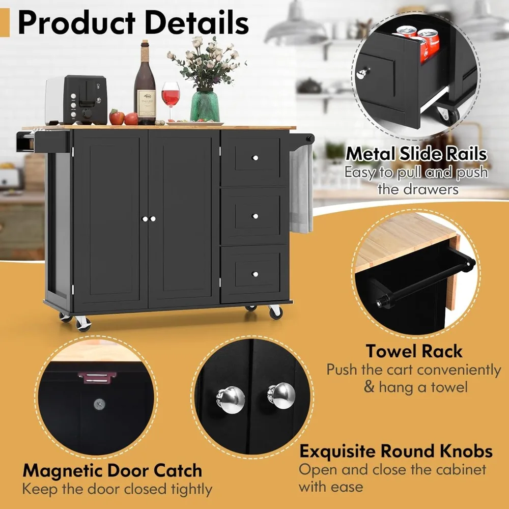 جزيرة المطبخ المتدحرجة مع أوراق قطرة، عربة ذات 3 أدراج على عجلات، سطح من الخشب المطاطي، منشفة ورف توابل