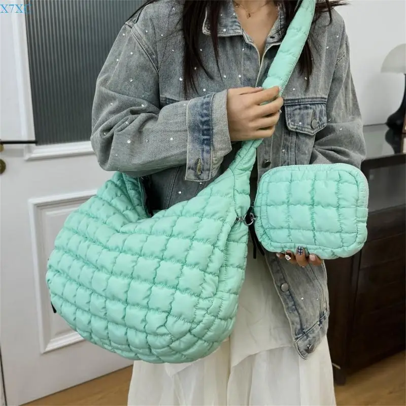 

X7XC Quilted Puffer Shoulder Bag with Mini Zippered Makeup Purse for Women Large Capacity Lightweight Crossbody Carryall Bag