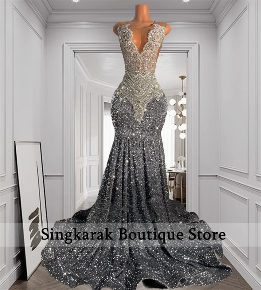 

Sparkly Silver Crystals Diamond Long Prom Dresses Sequins Evening Dress Wedding Party Dress Robe 2026 Customized