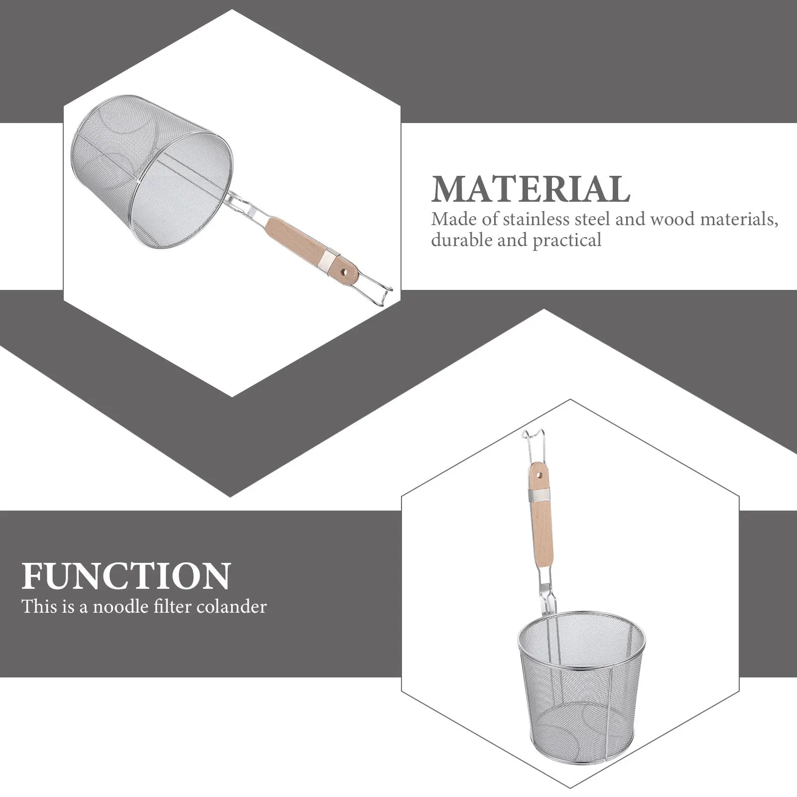 

1Pcs Stainless Steel Filter Noodle Strainer Colander Wood Handle Lightweight Mesh Spoon Kitchen Pasta Sieve Ramen Straining