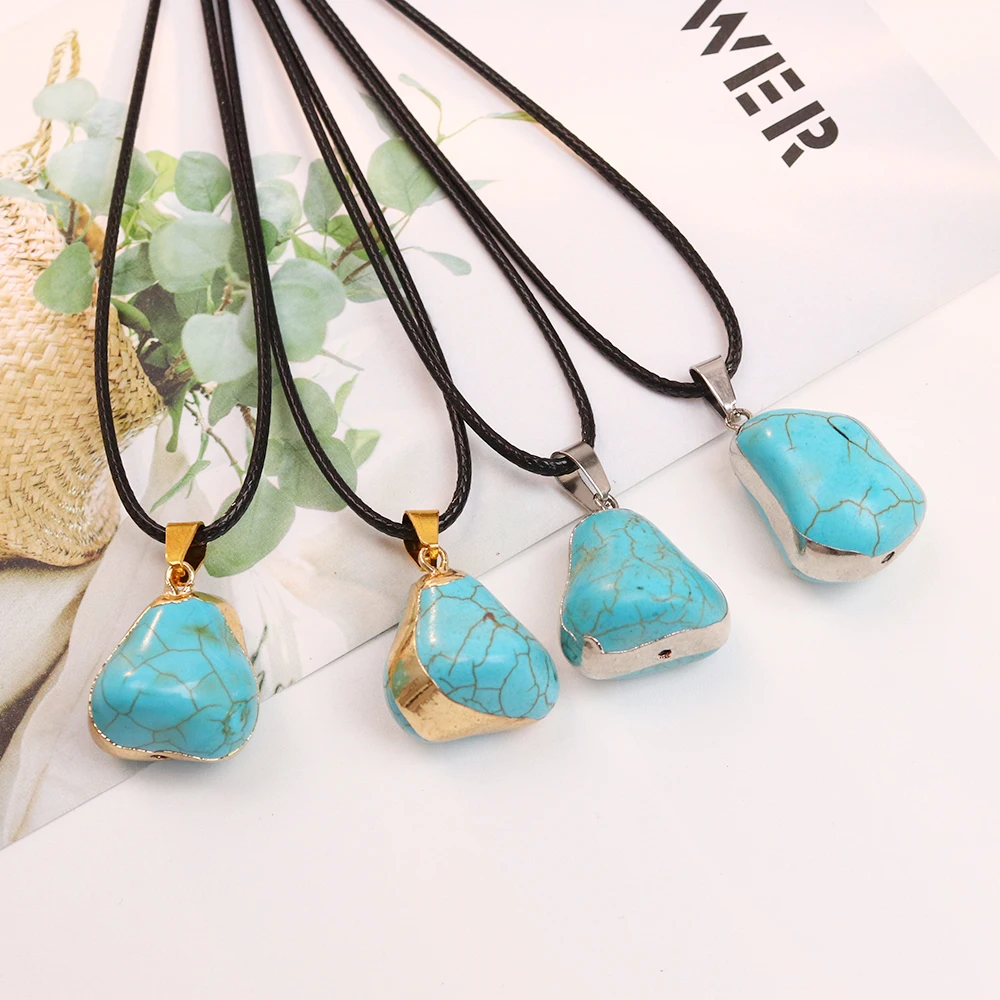 High Quality Blue Turquoise Natural Stone Necklace Irregular Golden/Silvery Edge Pendants Rope Chain Jewelry 4 Pcs Wholesale