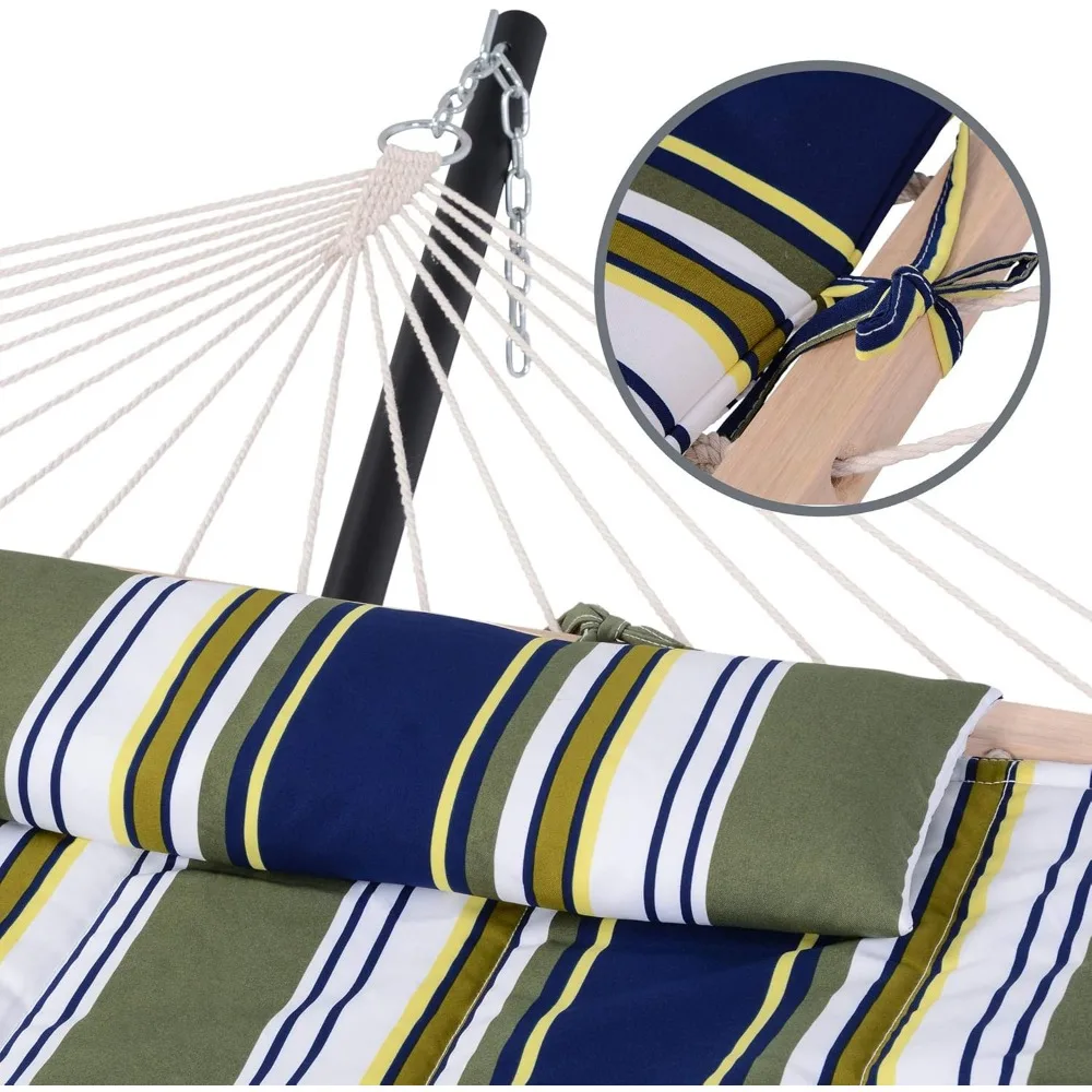 أرجوحة مزدوجة من حبل القطن للاستخدام الخارجي مع وسادة بوليستر، أزرق وأكوا، وشملت شريط توزيع الخشب الصلب، مثالية للاسترخاء وC