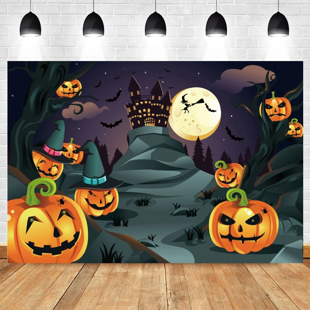 Happy Halloween Backdrop For Photography Orange Moon Pumpkin Lantern Castle Cemetery Birthday Party Background for Adults Kids