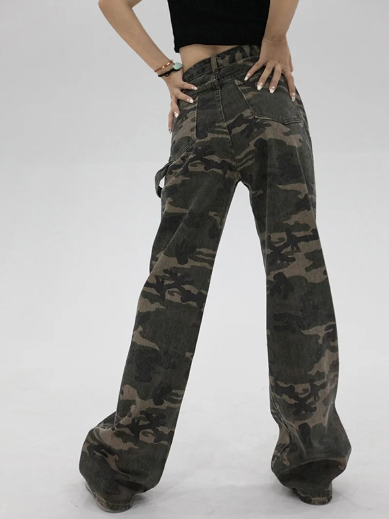 Y2K Vrouwen Camouflage Jeans Militaire Groene Rechte Pijpen Broek Zomer Afslanken Casual Broek High Street Fashion Streetwear