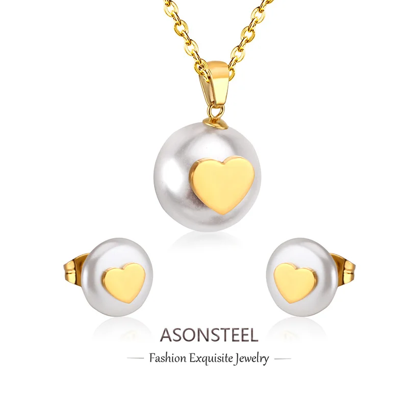 ASONSTEEL Modische Weiße Imitationsperlen Anhänger Halskette Ohrringe Schmucksets Edelstahl Damen Wasserdicht Hochzeitsgeschenke