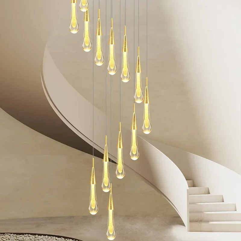 Staircase Crystal Raindrop Pendant Lights Golden Foyer Pendant Lighting Entrwey High Ceiling Chandeliers LED Dimmable Fixtures