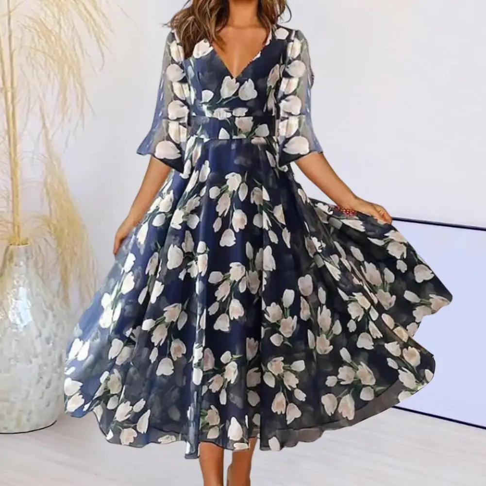 

Women Dress Floral Print V Neck A-line Midi Dress with Pleated Mesh Patchwork Elegant Party Prom Dress for Women A-line