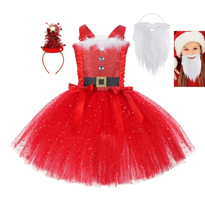 Christmas Sparkly Elf Costume For Baby Girl TUTU Dress Xmas Santa Kid Bow Sling Tunic+Headband+Beard 3PC Set Child Frock