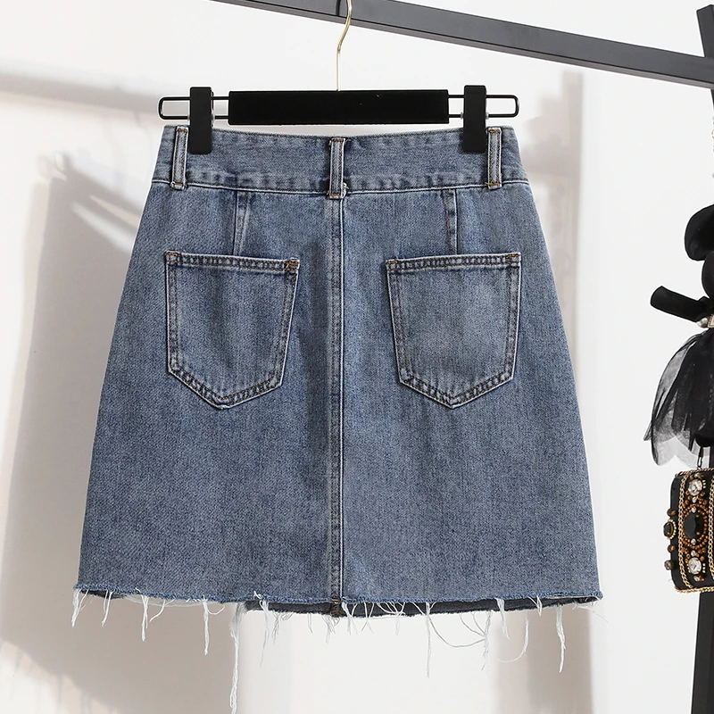 Plus Size L-5XL Y2K Denim Blue A Line Skirt For Women High Waist 2023 Summer Sexy Tassel Mini Jean Skirts Female Large Clothing