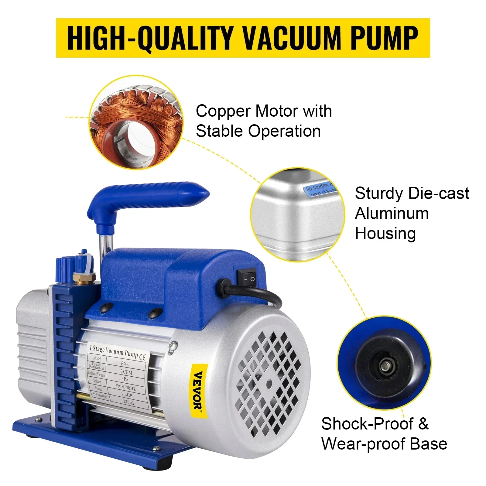 ปั๊มสุญญากาศ VEVOR พร้อมเกจวัดแรงดัน สำหรับสารทำความเย็น HVAC, บรรจุภัณฑ์สุญญากาศ เครื่องปรับอากาศ, การบำรุงรักษารถยนต์ 1.8-4.8 CFM