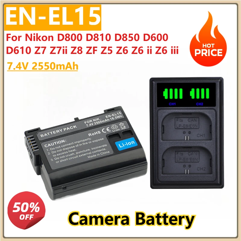 

7.4V 2550mAh Camera Battery (EN-EL15/EN-EL15C) & LED Charger for Nikon D800 D810 D850 D600 D610 Z7 Z7ii Z8 ZF Z5 Z6 Z6 ii Z6 iii