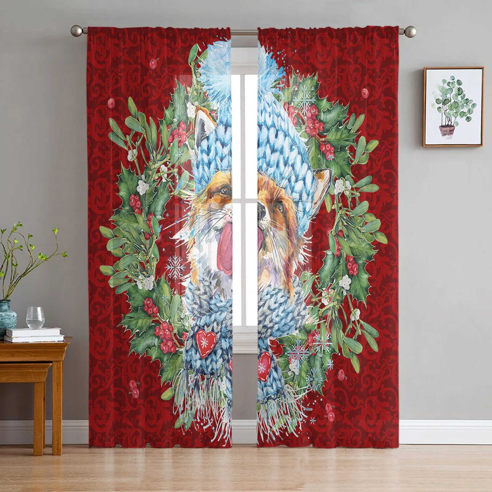 Christmas Fox Wreath Red Fruit Watercolor Tulle Curtains Living Room Bedroom Voile Curtain Organza Sheer Balcony Window Drapes