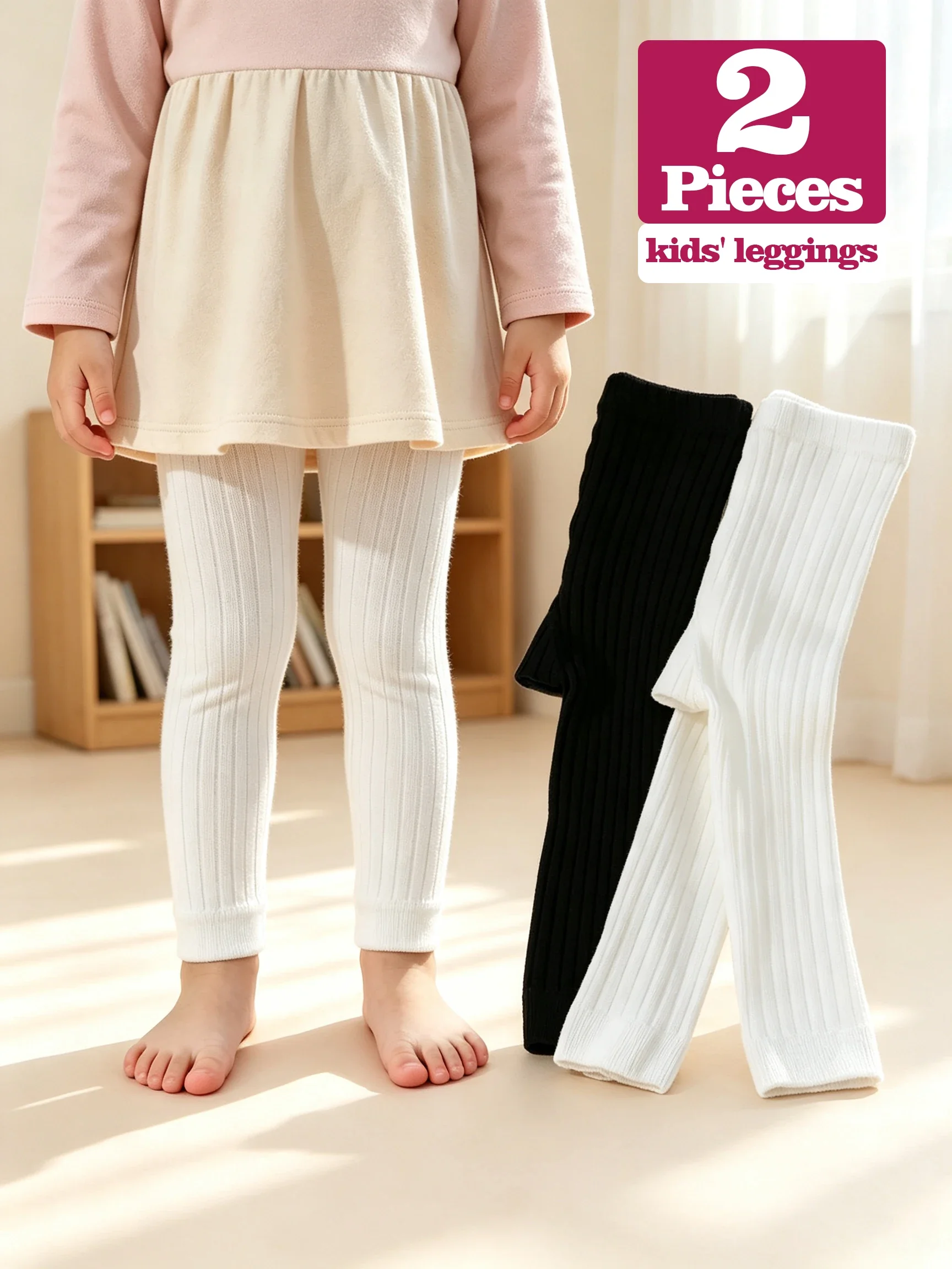 2er-Pack gerippte Mädchen-Leggings, knöchellange Strickstrumpfhosen für Kleinkinder, weiche, dehnbare Kinder-Basishosen, lässige Unterhosen für 0-6-jährige Babys, ideal für den täglichen Gebrauch – Detail 1