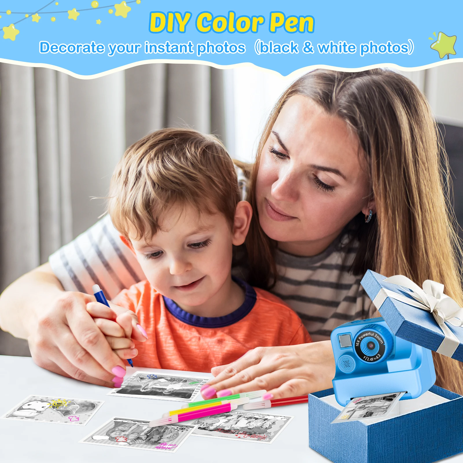 New Bee Kids Camera Instant Camera 1080P HD Dual Lens Selfie Digital Camera Print for Girls Boys Christmas Birthday Gifts Toys