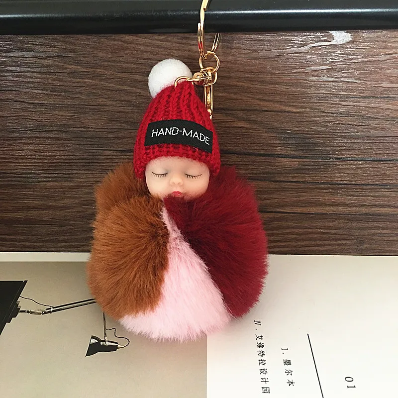 infant keychain Pompom sleeping baby keychain cute fluffy Plush doll Keychains Women Girl Bag keyrings Cars Key ring Jewelry