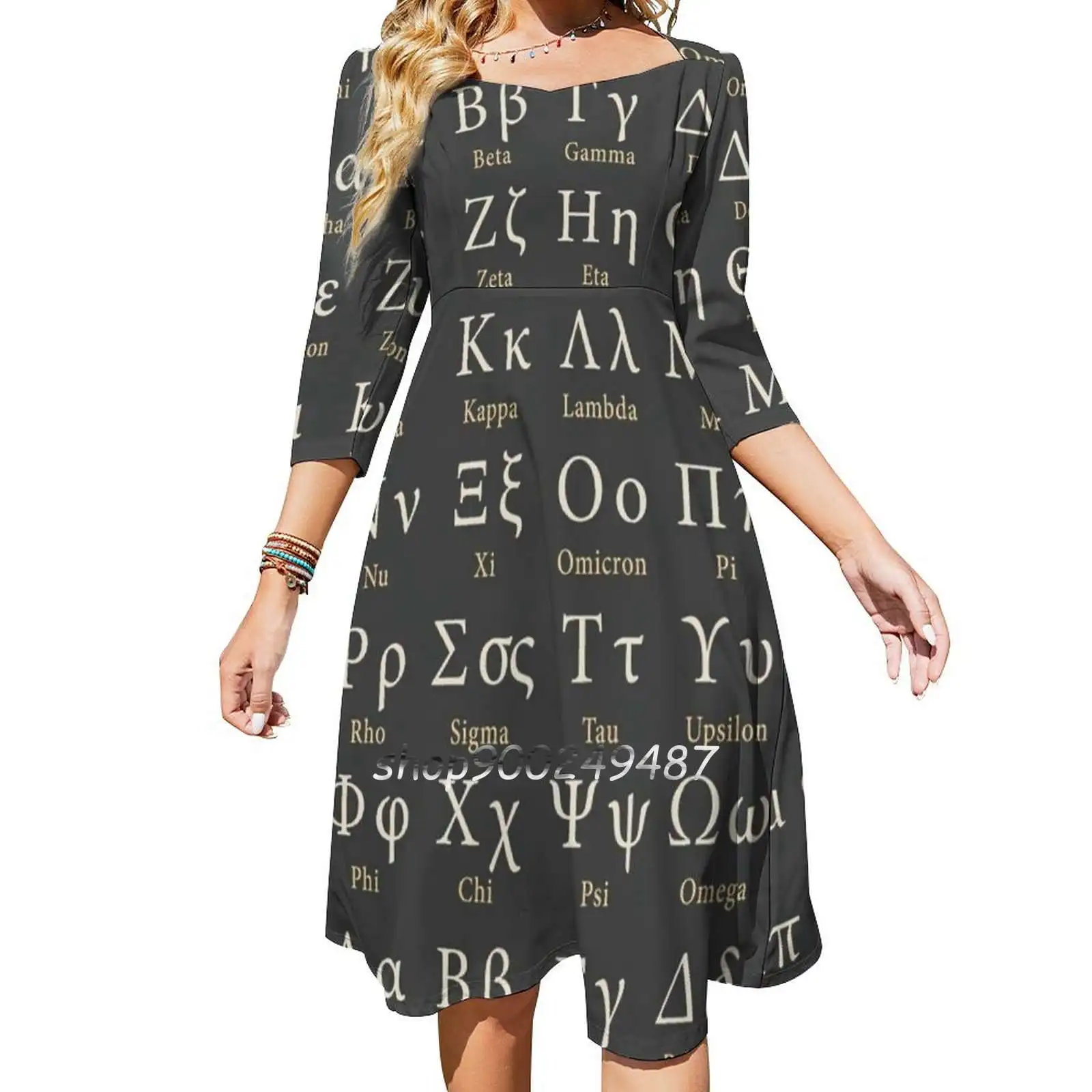 The Greek Alphabet Flare Dress Square Neck Dress Elegant Female Fashion Printed Dress Greek Alphabet Alphabet Greek Greece