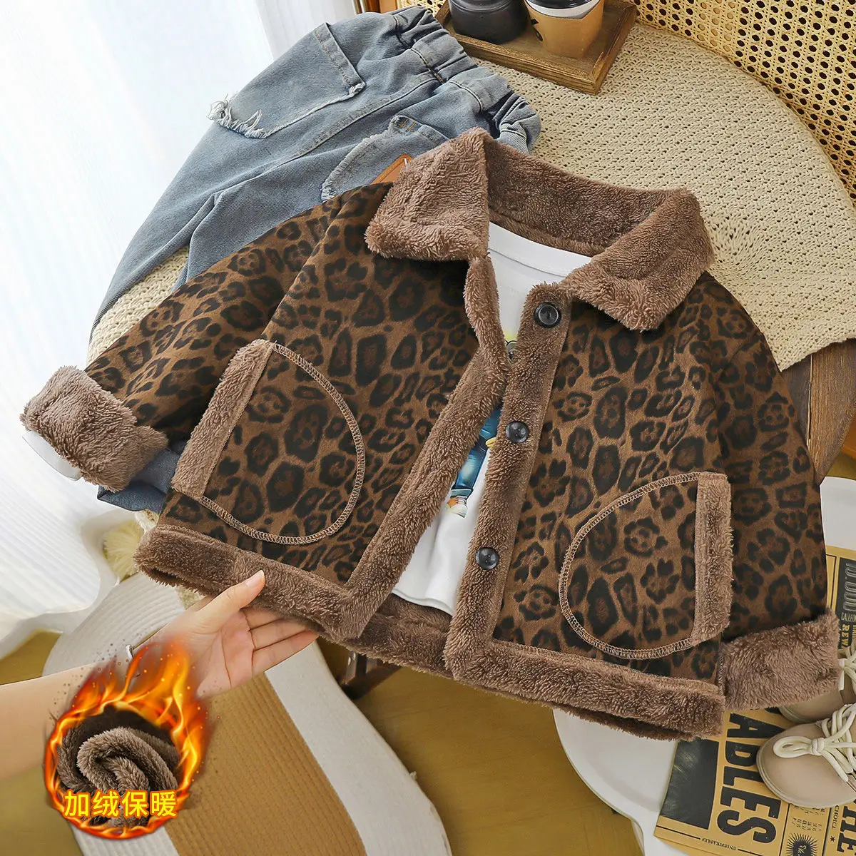 

Girls' Velvet Coat Winter New Fashion Thick Leopard Pattern Jackets Kids Lamb Wool Warm Outerwear Children Clothes 1-12 Years