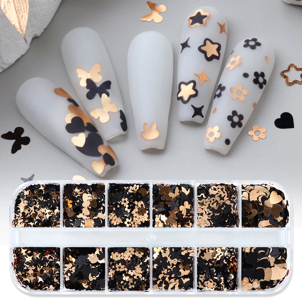 Black Golden Butterfly Flowers Nail Art Sequins Star Design Nails Charms for Gel Nail Polish Manicure Decoration Accessories