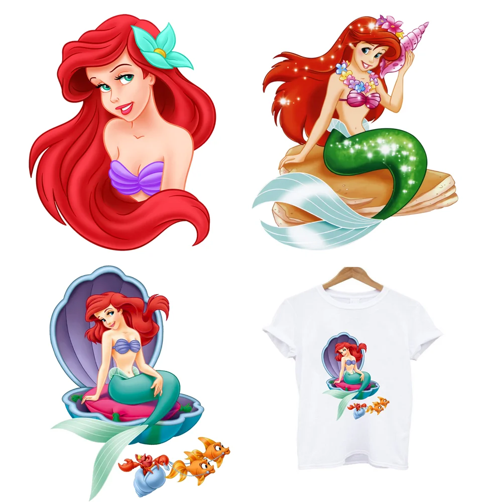 2Pcs/Lot The Little Mermaid Disney Iron On Fusible Patches Heat Thermal Transfer Stickers Ironing Applications For Clothing DIY