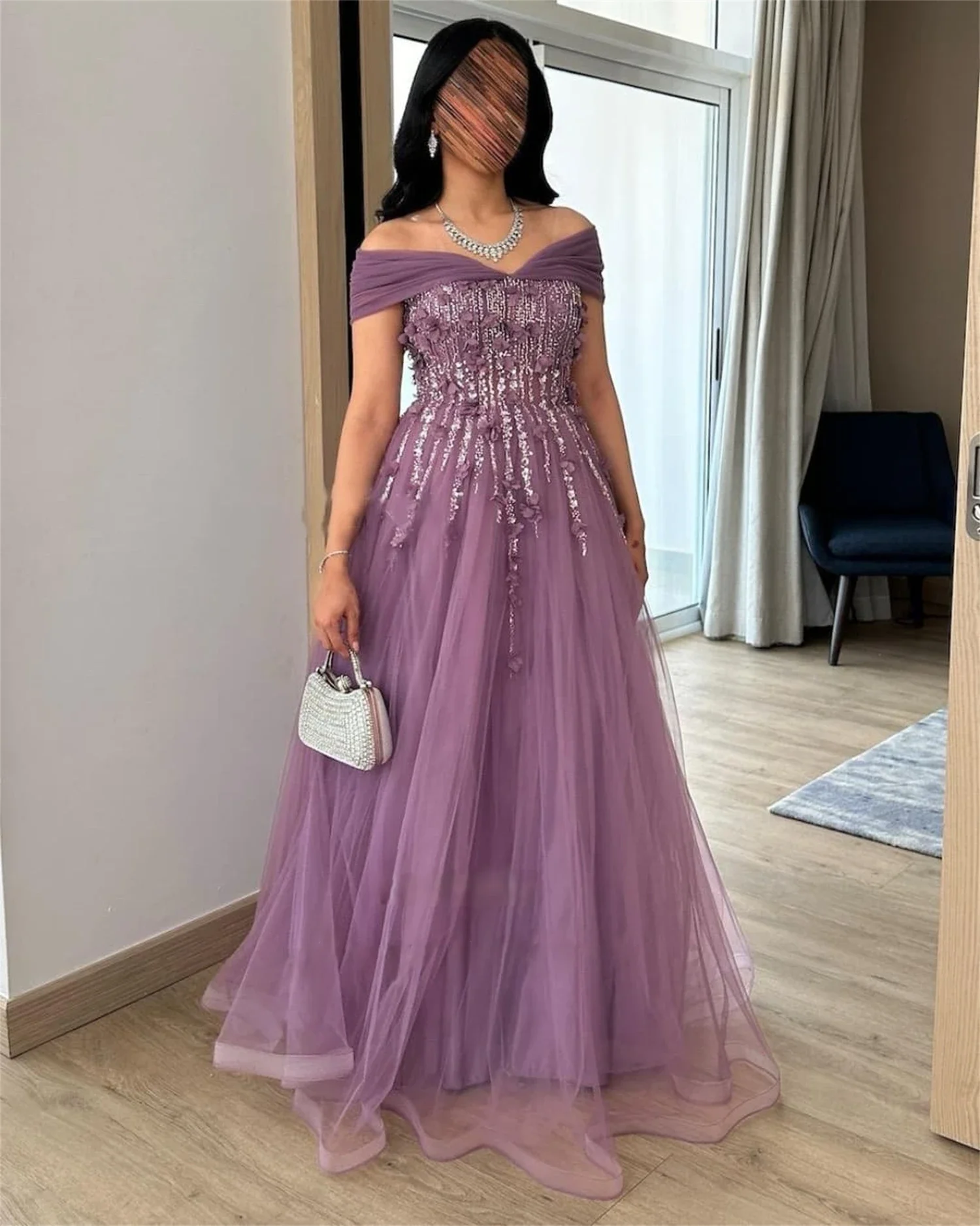 

Elegant Off Shoulder Wedding Party Dress 3D Flower Decoration Dress Robe A-line Sparkling Cocktail Party Dress Customization