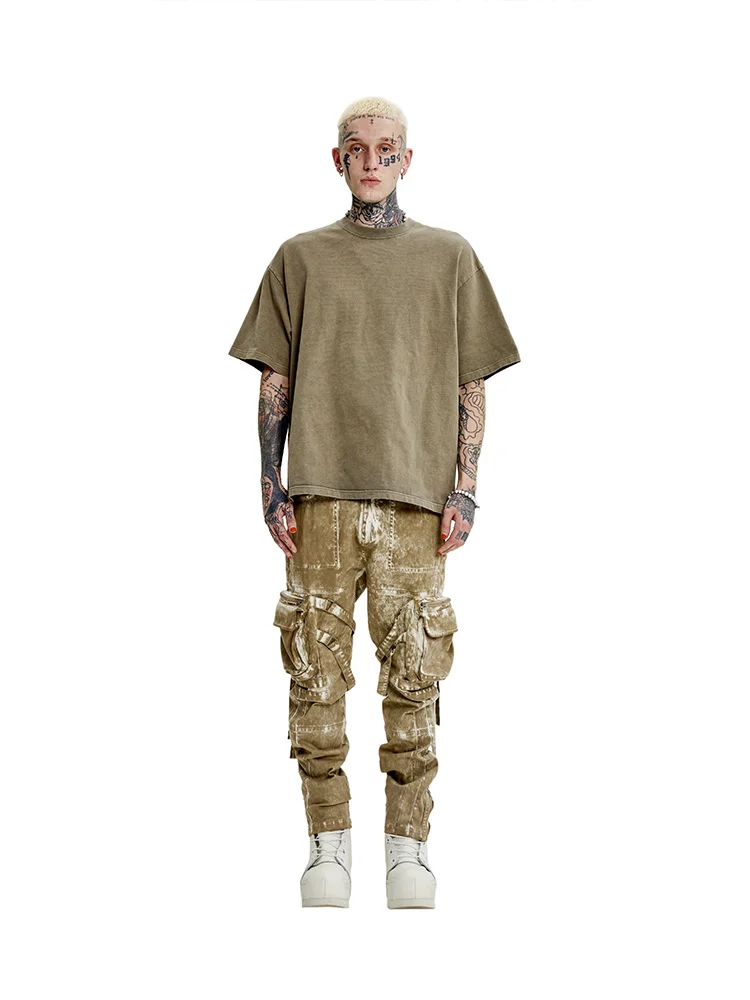 UMI MAO Dune Style Ready-made Clothes Dyed Worn Cargo Pant Casual Pants Men's High Elastic Khaki Slim-fit Pants Fashion Men