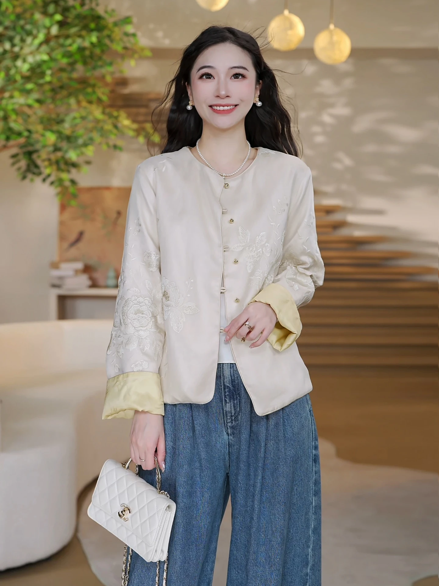 

Двусторонний шелковый топ с вышивкой, молодежный Sle, китайская новая мода, длинный све, круглый, свободная верхняя одежда