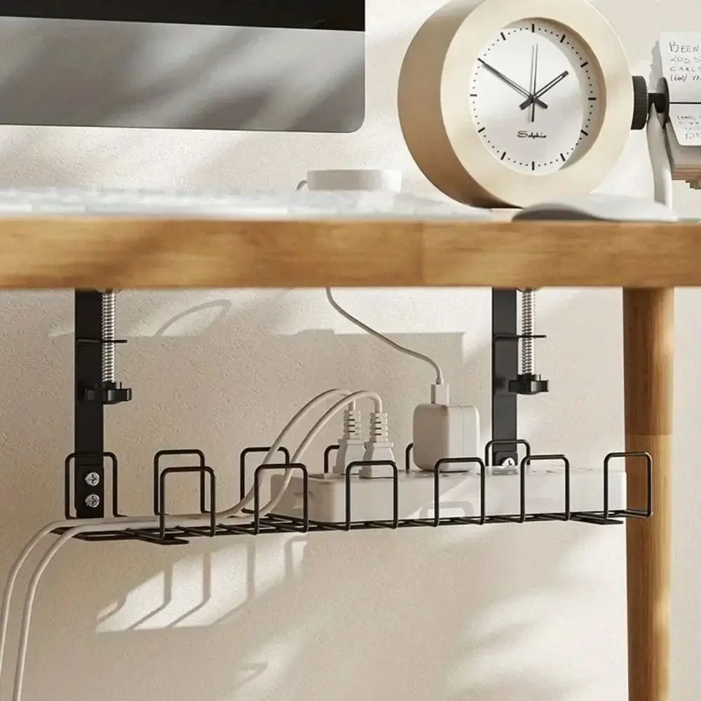 No Punching Under Table Storage Rack Sturdy Adjustable Clamps Metal Cable Management Tray Hanging Shelf Space Saving