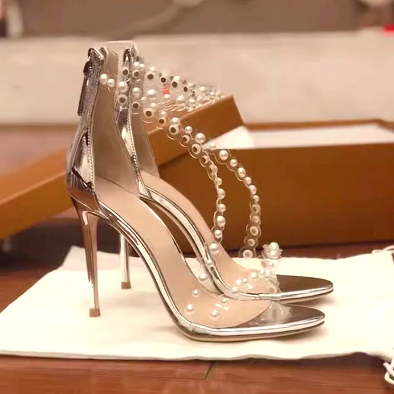 

Beauty High heels Slanting Clear PVC Pearls Straps Sandals Sexy Woman Beadings Peep Toe Cutout Party Wedding Shoes
