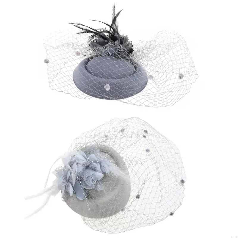 

K3KF Fascinator Hat Mesh Flower Furry Beaded Wedding Headwear