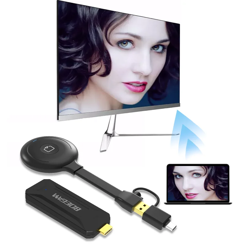 

Plug-and-Play One-Click Share Wireless Screen Mirroring Device with Dual-Band WiFi, AirPlay, Miracast, and DLNA