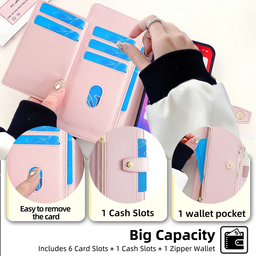 Long Lanyard Leather Zipper Wallet Phone Case for OPPO Reno 12 11F F25 A3 Pro A60 Crossbody Phone Bag Protective Cover Fundas