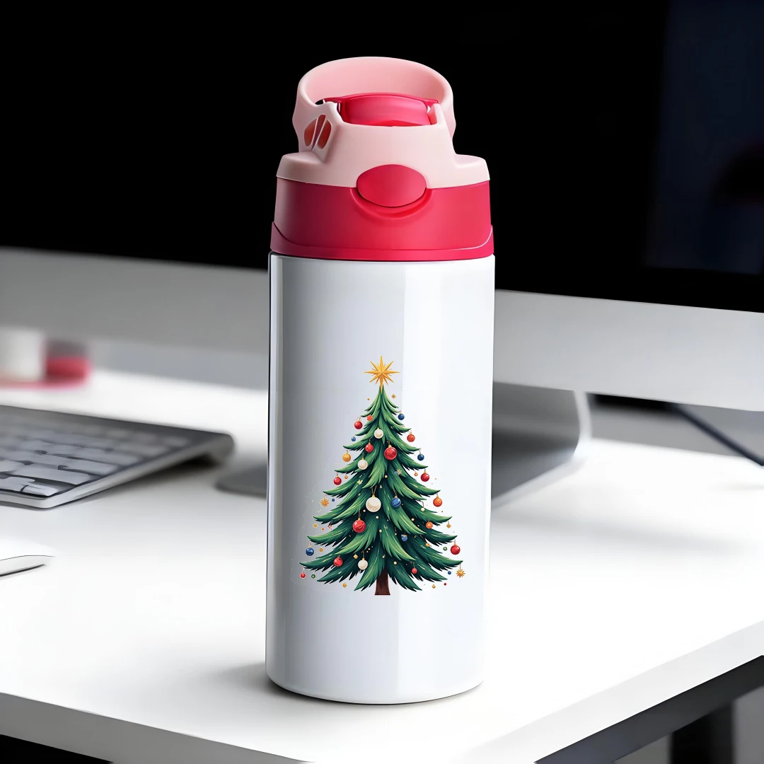 

304 stainless steel thermal cup cartoon Christmas tree pattern childrens straw cup thermal insulation and cooling portab