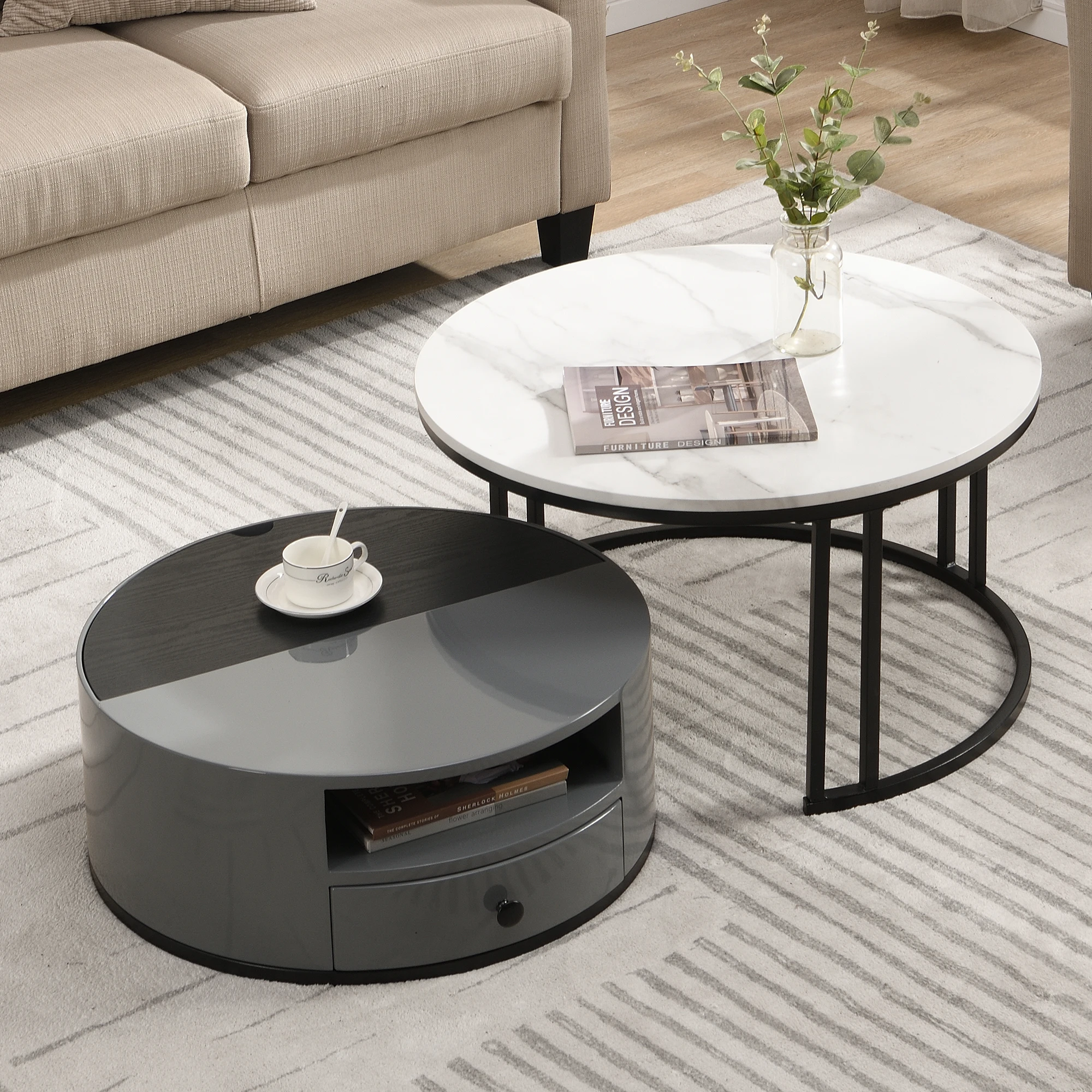 Two Piece Nesting coffee table, PVC Marble Look, High Gloss Elegant Design Black and Grey with storage