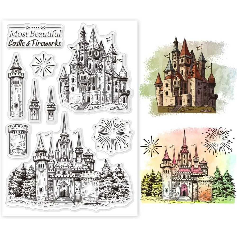 Castle Clear Stamps Fireworks Clear Stamps Retro Castle Flat Blessings Words Silicone Clear Stamp Seals for DIY Scrapbooking