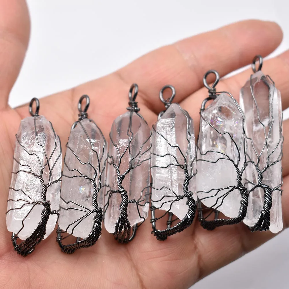 Natural White Crystal Pillar Pendants Handmade Wall blackcolor Wire Wrapped Tree of Life Wholesale 6Pcs/Lot for Necklace Jewelry