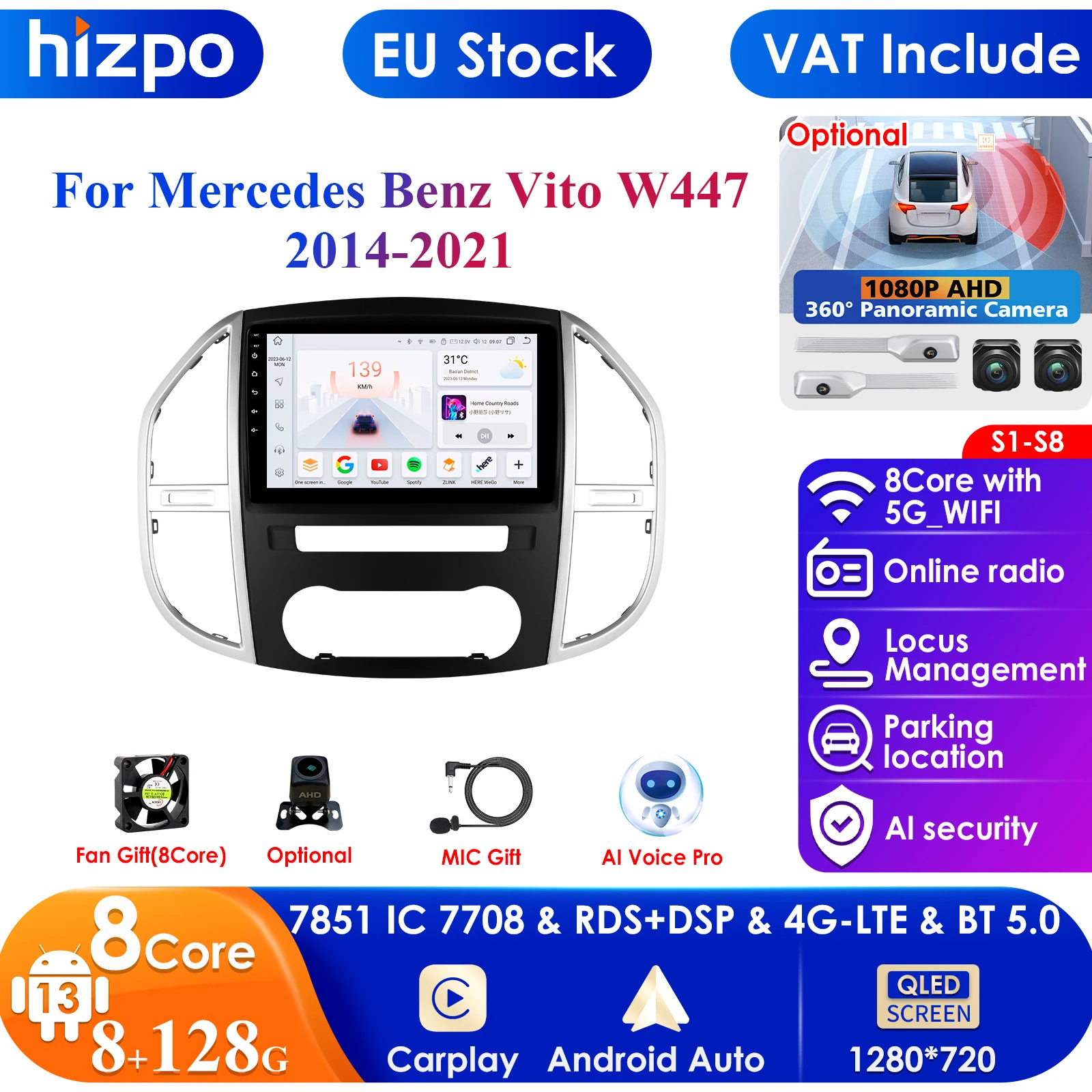 Hizpo 10.1 inch 7862 Car Intelligent Screen Android Car Radio for Mercedes Benz Vito W447 2014 - 2021 Navigation GPS Carplay 4G