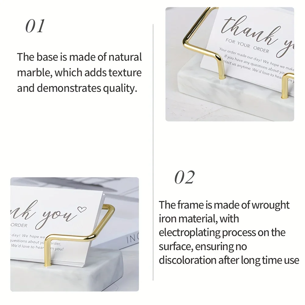 حامل بطاقات رخامي أنيق بإطار معدني ذهبي - حامل بطاقات سطح المكتب الفاخر، مثالي لقاء الهدايا واللوازم المكتبية الجميلة