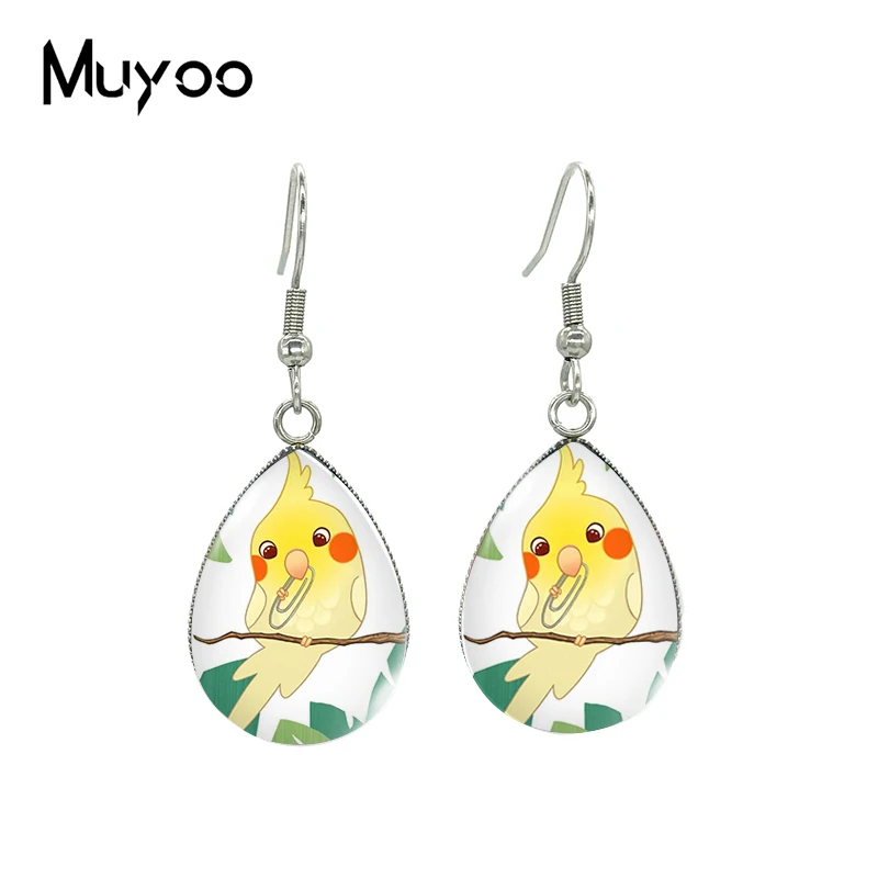 2023 New Cockatiel Tear drop Earring Yellow Bird Fish hook Earrings Glass Cabochon Jewelry Handmade Items